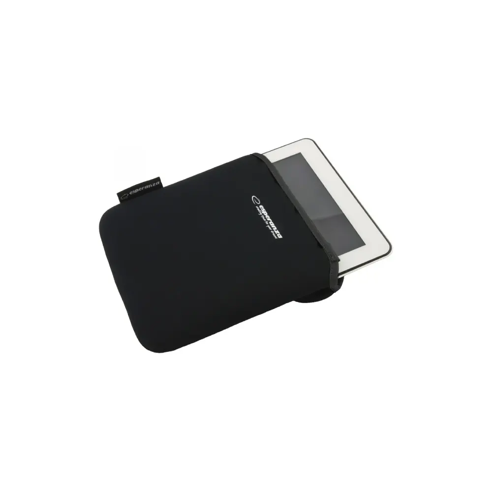 Egy fehér keretes tablet (pl. iPad) félig becsúsztatva egy fekete Esperanza neoprén tokba, fehér háttér előtt.
